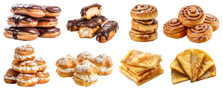 Collection of 4 set group pile of cake bread pastry dessert., Chocolate Eclairs, Cinnamon Roll, CrÃªpe Crepe, Cream Puff on background cutout file. Mockup templateの写真素材