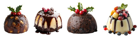 Christmas festive round pudding custard cake with frosting topping of berries, fruits, holly, decorations on cutout. Many different flavour. Mockup template for artwork designの写真素材