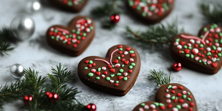 Creative food holiday concept. Chocolate gingerbread heart love cookie with red green icing frost...