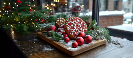 Creative food holiday concept. Gingerbread cookie with icing frost icing set with christmas decoration pine fir leaf leaves and glitter balls on wooden table blurred snow window ouの写真素材
