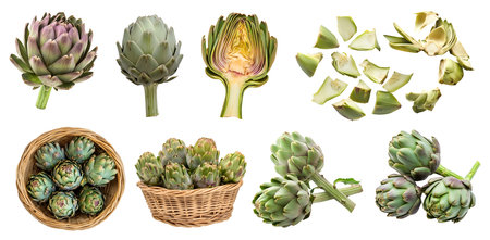 Artichoke artichokes flower plant vegetable, many angles and view side top front basket pile peel isolated on background cutout file. Mockup template for artworkの写真素材