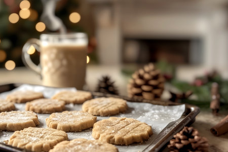 Creative food holiday concept. Sugar spice cookie on baking tray with glass of milk with christmas decoration pine fir leaf cone leaves, cinnamon on blurred fireplace home backgrouの写真素材