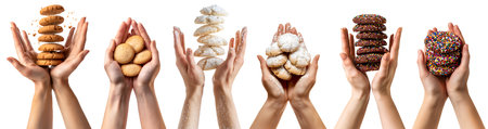 Collection set of hand holding Pile group stack tower of round cookie cookies biscuit, butter sugar...