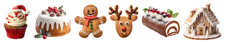 Collection set of christmas dessert, Gingerbread man reindeer cookie biscuit house, pudding custard cake, Cupcake muffin, chocolate yule log on cutout file. Mockup templateの写真素材