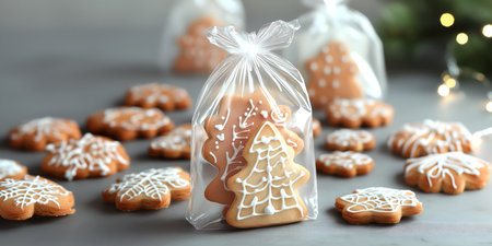 Creative food holiday concept. Packets of gingerbread man cookie biscuit with frosting icing on pastel background with pinecone ready for giftingの写真素材