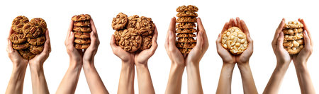 Collection set of hand holding Pile group stack tower of round cookie cookies biscuit, macadamia, pecan, walnut nuts set on cutout. Many different flavour. Mockupの写真素材