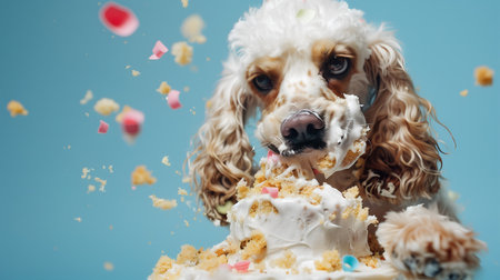 Creative food animal template. A greedy English cocker spaniel puppy covered in frosting cream eating a messy huge cream cake on pastel blue background. magazine, banner. copy textの写真素材