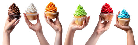 Collection of hand holding Cupcake muffin with icing frosting on background cutout file. Many assorted different flavour. Mockup template for artwork designの写真素材