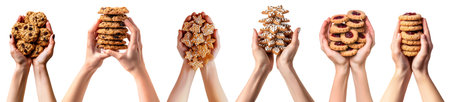 Collection set of hand holding Pile group stack tower of round cookie cookies biscuit, oats raisin,...