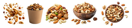 Mixed Mix of nuts, dry dried fruits, seed, disposable paper bucket, bowl, drop flying isolated on cutout. Mockup template for design. almonds, walnuts, hazelnuts,の写真素材