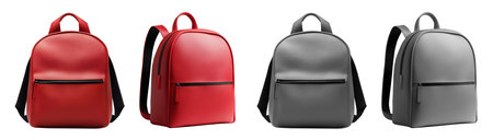2 Set of red maroon grey gray unisex structured leather zip pocket straps backpack haversack rucksack knapsack bookbag front side view on cutout. Mockup templateの写真素材