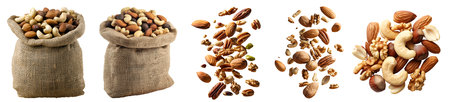 Mixed Mix of nuts, dry dried fruits, seed, burlap sack, pile, heap, drop flying isolated on cutout. Mockup template design. almonds, walnuts, hazelnuts, raisin, pistachio, pecanの写真素材