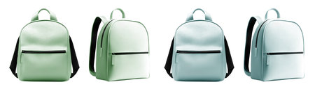 2 Set of pastel light blue purple unisex structured leather zip pocket straps backpack haversack rucksack knapsack bookbag front side view on cutout. Mockup template for artworkの写真素材