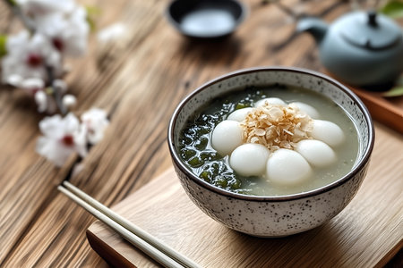 Creative food template. Daifukumochi daifuku mochi rice flour Japanese dessert in mung bean soup on wooden table blurred sakura cherry blossom leaf branch flower.の写真素材