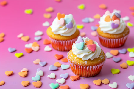 Creative food concept. Row of butter Cupcake muffin cake with cream icing frosting and colourful heart love shape sprinkles topping scattered on pink table background. copy text spの写真素材