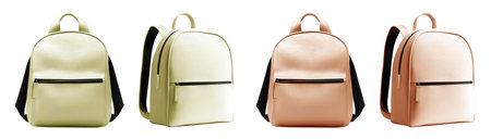 2 Set of pastel light orange yellow unisex structured leather zip pocket straps backpack haversack rucksack knapsack bookbag front side view on cutout. Mockup template for artworkの写真素材