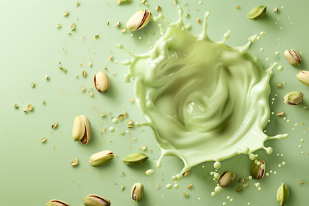 Creative food template. Topping fruit nut seed Pistachio Pistachios splashing dropping onto milk melted gelato yoghurt ice cream with droplet splash on green cream background. copyの写真素材
