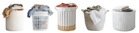 Collection of laundry wicker basket pile with clothes on cutout file. White cream beige set. Many different design. Mockup template for artworkの写真素材