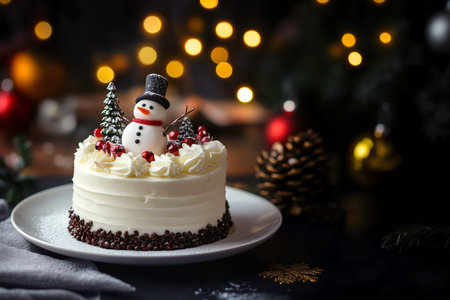 Creative food holiday concept. Snowman, xmas tree, berries, vanilla cream cake with christmas decoration pinecone leaves, fir, glitter bauble balls on bokeh warm lighting backgrounの写真素材