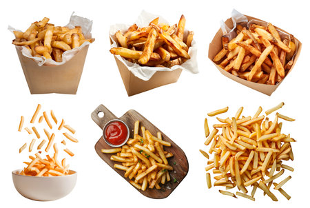 Potato french fries fry, many angles and view side top front heap pile bowl, paper plate, wooden...