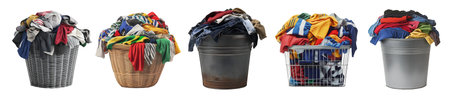 Collection set of laundry plastic basket pile with messy dirty crumpled clothes on cutout file. Many different design. Mockup template for artworkの写真素材