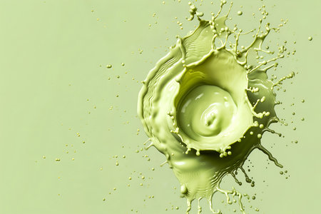 Creative food template. Splashing dropping onto milk melted matcha green gelato yoghurt cream with droplet splash on pastel background. copy text space. top overhead viewの写真素材