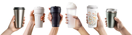 Collection set of hand holding Tumbler Thermos Reusable water bottle with lid in different angle on cutout. Many classic style and pose. Mockup template for artworkの写真素材