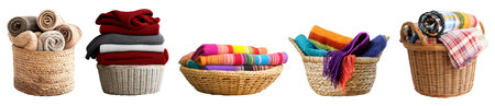 Collection set of laundry wicker basket pile with fresh iron rolled colourful clothes on cutout file. Many different design. Mockup template for artworkの写真素材