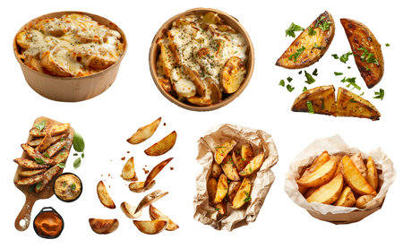 Potato wedges wedge slices, many angles and view side top front paper plate, wooden serving tray, baked fried, fly drop, seasoned on cutout file. Mockup templateの写真素材