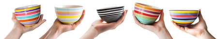 Collection set of hand holding bowl dish cup in different angle on background cutout file. Many different stripes linear style and pose. Mockup template for artworkの写真素材