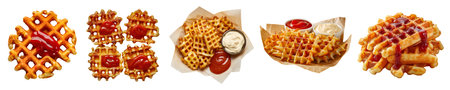 Criss cut waffle potato fries, many angles and view side top front pile, paper wrap, tomato ketchup mayonnaise, baked fried seasoned on cutout file. Mockup templateの写真素材