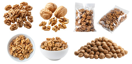 Walnut walnuts nut drupe seed fruit, many angles view pile top heap bowl stack, shell, packet package foil, shell husk isolated on background cutout. Mockup templateの写真素材