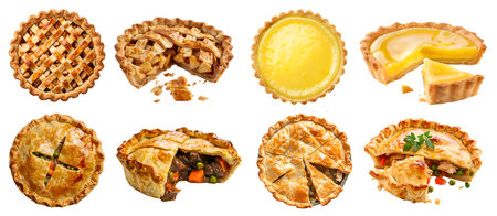 Collection of 4 classic tradition pie tart tartlet. Meat beef chicken pot, lattice apple, lemon on background cutout file. Mockup template for artwork designの写真素材