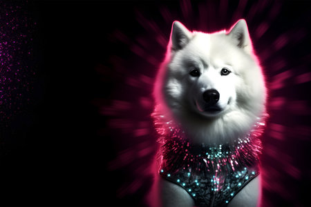 Creative animal concept. Samoyed dog puppy in disco neon glitter glam shiny glow sequin outfit, copy text space. commercial, editorial advertisement party invitation inviteの素材