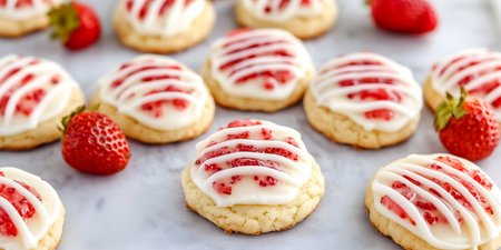 Creative food concept. Rows of strawberry fruit jam Sugar cookie biscuit with white pink icing frost icing on plate on white concrete table setting. long banner wallpaperの写真素材