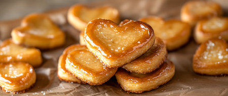 Creative food template. Stack row of sugar coated cookie biscuit in heart love shape on brown paper....