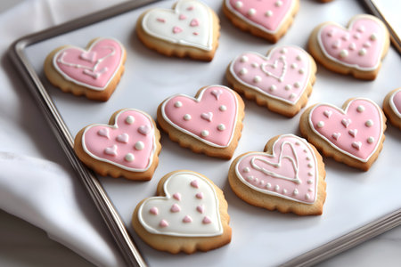 Creative food holiday concept. Row of Heart love shape cookie with pink white icing frost icing on silver baking tray with cloth setting.の写真素材