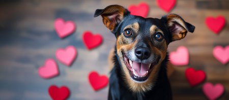 Creative animal holiday template. Happy dog puppy smiling looking up with blurred red pink heart love cutout on rustic wooden background. magazine, banner. copy text spaceの写真素材