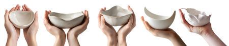 set of hand holding bowl dish in different angle on background cutout file. Many different odd asymmetrical weird shape style and pose. Mockup template for artworkの写真素材