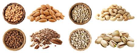Collection of 4 nut seed fruit kernel, Almond, Cashew, Pecan, Pistachio, in basket pile stack group on background cutout. Mockup template for artwork designの写真素材