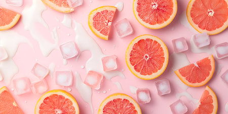 Creative food template. Slices of grapefruit fruit soaked with splash drops of milk and ice cubes on pastel pink background. copy text space, top view, flat layの写真素材