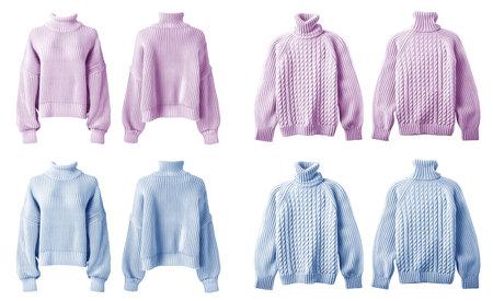 2 Style Set of pastel light purple blue long sleeve turtleneck High neck oversized cable knit knitwear jumper sweater pullover, front back view on cutout. Mockup templateの写真素材