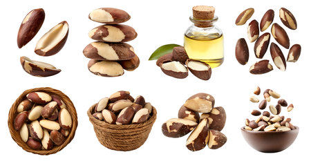 Brazil nut seed fruit, many angles view side top pile heap stack, basket, fly scattered, essential oil isolated on background cutout. Mockup template for designの写真素材