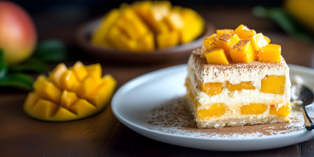 Creative food concept. Slice of mango Tiramisu pastry cake dessert with mascarpone cream and flavoured with mangoes fruit slices on wooden table background. copy text spaceの写真素材