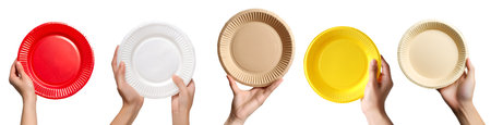 Collection set of hand holding disposable takeaway paper craft plate dish in different angle on background cutout file. Many different style pose. Mockup templateの写真素材