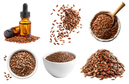 Flaxseed flax oil seeds seed nut fruit plant, many angles and view side pile stack group, essential oil, bowl, fly pieces, isolated on cutout, Mockup templateの写真素材