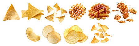 Collection of 3 potato fry fries chips, Criss cut waffle, Potato chip, Tortilla corn nacho, in whole stack pile and pieces on background cutout. Mockup templateの写真素材