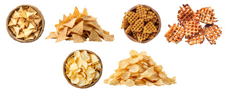Collection of 3 potato fry fries chips, Criss cut waffle, Potato chip, Tortilla corn nacho, in stack pile and basket on background cutout. Mockup template for artworkの写真素材