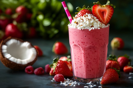 Creative food template. Strawberry raspberry milk milkshake yoghurt smoothie with fruits coconut shaving whipped cream frosting on dark concrete background. copy text spaceの写真素材