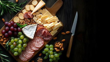Creative food template. A charcuterie French cuisine rustic wooden board with knife, grapes, cheddar brie cheese, salami turkey meat, cracker, almond walnut nuts. copy text spaceの写真素材